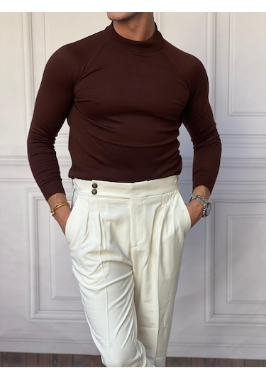 Modefendi Slimfit Kalıp Pamuklu Triko Yarım Balıkçı Triko Kazak Kahverengi