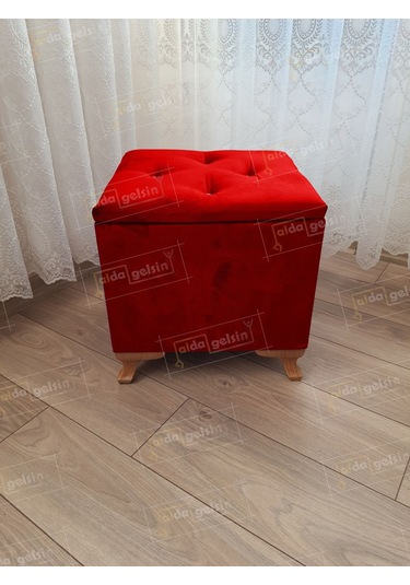 Lüks Sandıklı Tabure Puf 45 X 45 Cm Ceviz Ayak Kırmızı