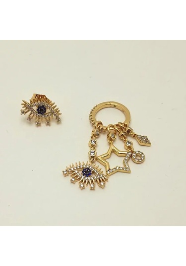 Boncuklu Charm Gold Çelik Küpe Seti Altın - Gümüş