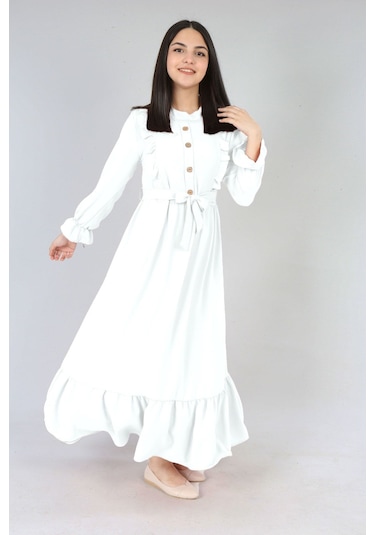 Kiz Cocuk Elbise Aerobin Keten Kumaş Tesettüre Uygun Uzun Boydan Cocuk Elbise Kırık Beyaz