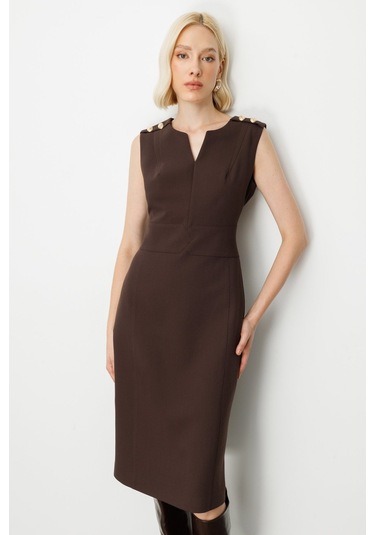 Ekol Kadın Süs Düğme Detaylı Kolsuz Elbise 4015 Kahverengi Kahverengi