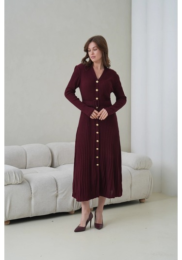Kadın V Yaka Ful Düğme Kapama Kemer Detay Maksi Boy Fitilli Triko Elbise Mürdüm