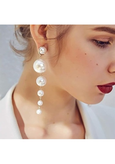 Denifery Boho Altın Uzun Püskül Küpe Saçak Sarkan Küpe Pe Beyaz