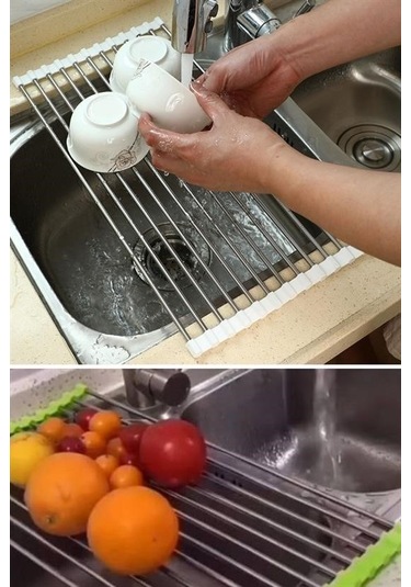 Seçkin Trend Evye Üstü Katlanır Nihale Paslanmaz Çelik Pratik Sebze Meyve Bulaşık Kurutma Süzgeci Çok Renkli