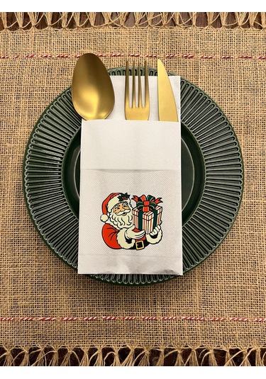 Noel Baba Hediye Paketi Baskılı Yılbaşı Kanguru Cepli Peçete Beyaz12 Adet