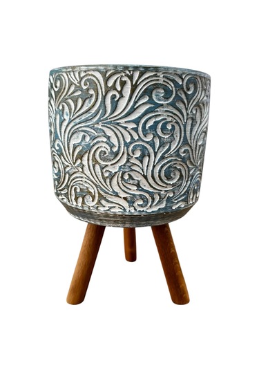 Bitki Tasarımı Ev Dekorasyon Mavi Eskitme Çiçek Desen Ayaklı Beton Saksı Çiçeklik Saksılık