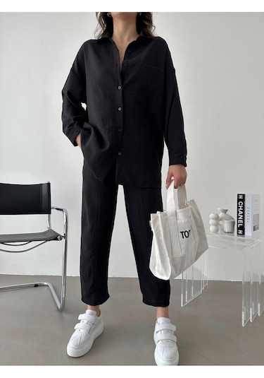 Kadın Oversize Keten Gömlek Pantolon Alt Üst Takım Siyah