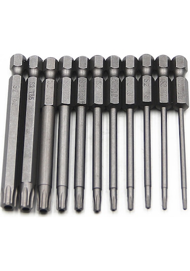 Aubyhe S2 Çelikten Yapılmış 11'li Uzun Torx Uç Takımı 75mm - T6-t40 Aralığı, Yüksek Sertlik, Kayma Engeli, Hexagonal Sap