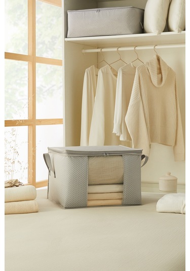 Ocean Home Textile Orta Boy Pvc Pencereli Gri Balıksırtı Hurç 45 x 40 x 30 cm