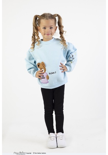 Kız Çocuk Orta Kalınlıkta Baskılı Örme Basic Taytlı Alt Üst Takımı Mavi