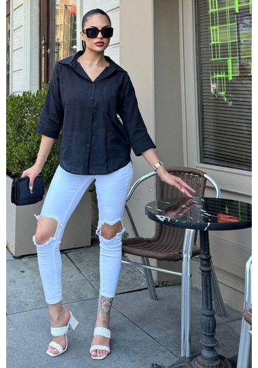 Kadın Siyah Truvakar Kol, Oval Kesim, Terletmez, Flamlı Keten Salaş Gömlek Siyah