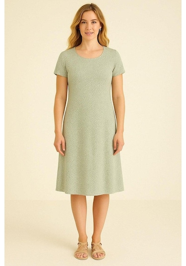 2 Adet Dökümlü Rahat Kalıp Günlük Penye Kumaş Elbise Kahverengi - Yeşil