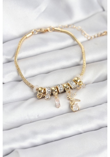 Gold Renk Tinkerbell Charmlı Kadın Bileklik Pirinç Çok Renkli