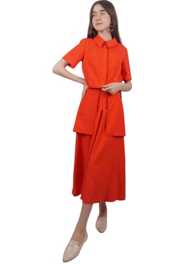 Kız Çocuk Crop Gömlekli Torba Cepli Bol Paça Kaprili Keten Takım Nar Çiçeği