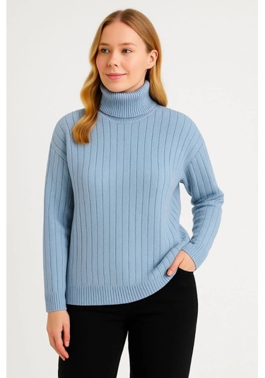 Balıkcı Yaka Bağazlı Triko Kazak Pamuklu Kalın Fitilli Dokuma - Bebek Mavisi Siyah - Gri