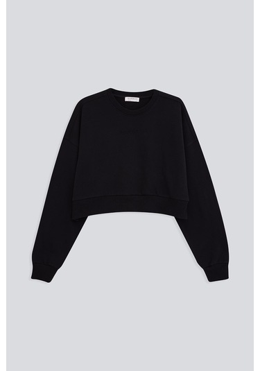 Babokah Nakışlı Kadın Crop Sweatshirt Siyah