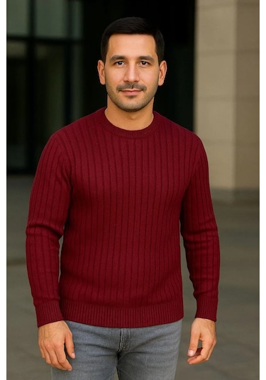 Erkek Bisiklet Yuvarlak Yaka Triko Kazak Pamuklu Kalın Fitilli Dokuma, Regular Fit Uzun Kollu Kışlık Bordo