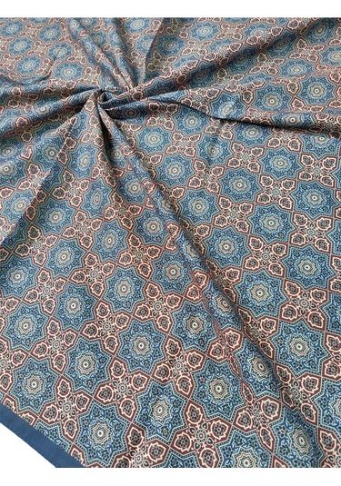 Ebruli Pamuklu Etnik Desenli Soft Eşarp 90x90 Cm Petrol Mavi