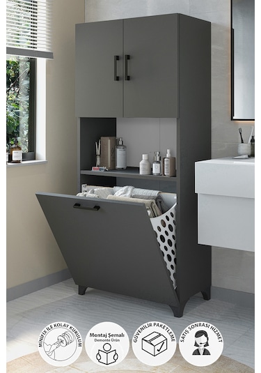 Çok Amaçlı Dolap Banyo Dolabı Kirli Çamaşır Sepeti Dolabı Damla Antrasit