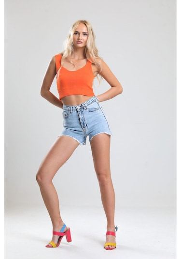 Pass&Pass 2050 Kadın Püsküllü Paça Jeans Denim Kot Şort Buz Mavi