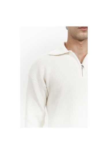 Oberon Polo Yaka Yarım Fermuarlı Ekru Erkek Triko Kazak Ekru