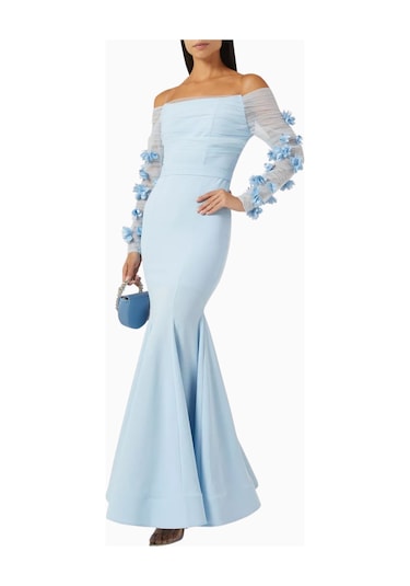 Ronanna Off-shoulder Çiçek Aplikeli Abiye Mavi