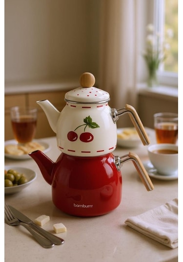 Bambum Unique - Bambu Kulplu Emaye Çaydanlık Takımı Cherry