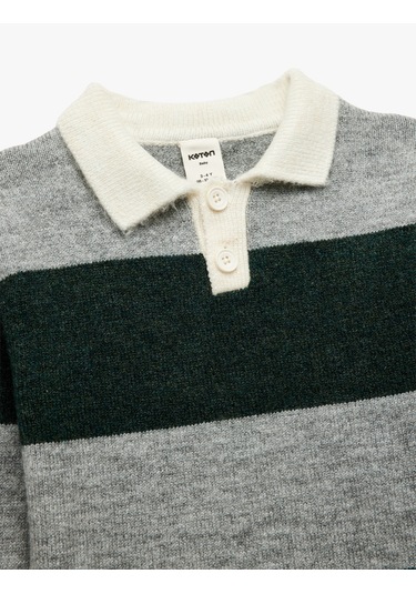Koton Uzun Kollu Renk Bloklu Düğmeli Polo Yaka Triko Kazak Gri Çizgili 6wmb90002tt Gri Çizgili
