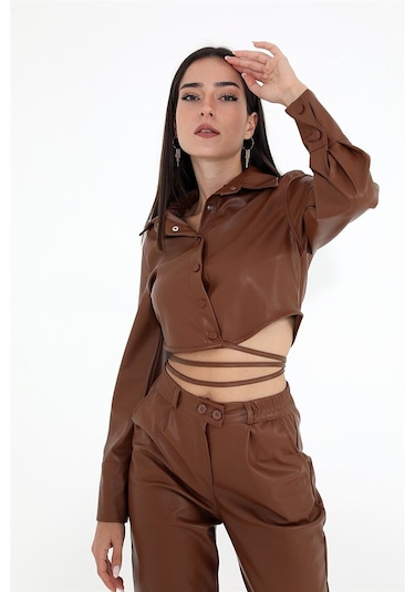 İçi Kadife Bağcıklı Kadın Kısa Deri Gömlek - Taba-taba Taba