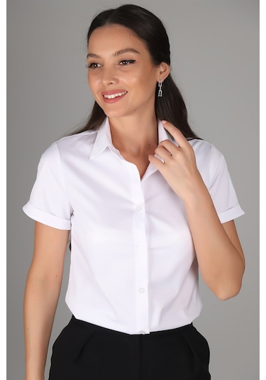 Sweetness Kadın Beyaz Kısa Kollu Likralı Pamuklu Klasik Gömlek Beyaz