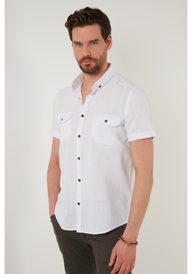 Buratti Düğmeli Yaka Pamuklu Slim Fit Cepli Erkek Gömlek Cf21S111153 Beyaz