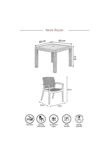 Rattan Lüx Bahçe Balkon Teras Masa Seti - Antrasit 80x80 CM Gri