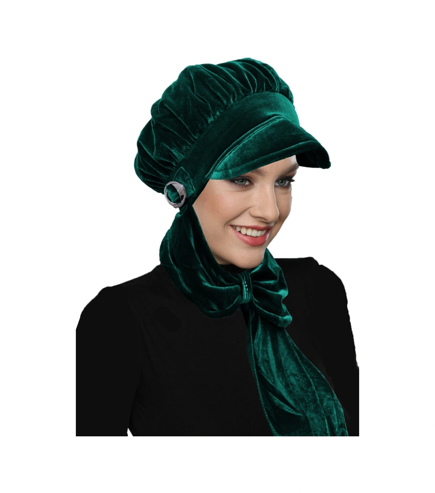 Kadife Şapka Atkılı Toka Detaylı Yeşil Hazır Türban Tesettür Bone Hürrem