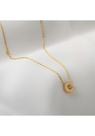 C Harfi Taşsız Minimal Harf Altın Kolye 14 Ayar