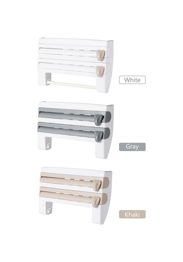 3'ü 1 Arada Mutfak Depolama Rafı Plastik Sarma Folyo Dispenseri Film Depolama Rafı Kesici Kağıt Havlu Tutucu Rulo Kağıt Havlu Rafı Gümüş