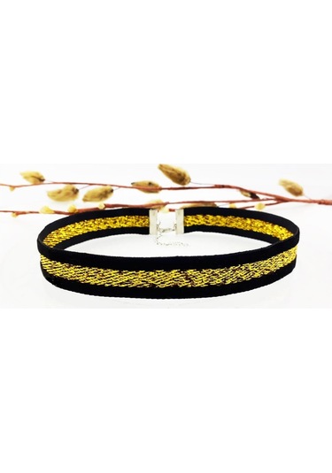 Sarı Sim Işlemeli Kadın Siyah Choker Siyah
