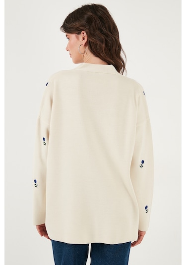 Lela Oversize Fit Desenli V Yaka Triko Bayan Hırka 4616193 Krem-Saks