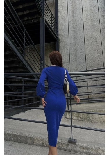 Kadın Kruvaze Yaka Balon Kol Simli Krep Kumaş Midi Boy Elbise Saks