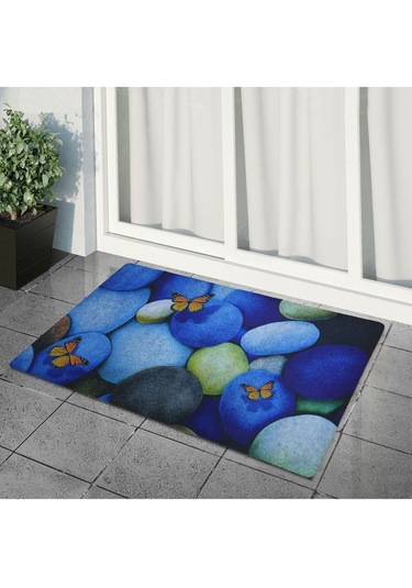 Taşlar Ve Kelebekler Baskılı Kaliteli Kauçuk Kapı Önü Paspası 001