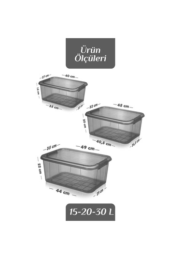 3'lü 15-20-30 L Çok Amaçlı Saklama Kabı Seti - Kilitli Kapak Banyo Mutfak Düzenleyici Saklama Kutusu Siyah