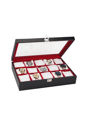 Chavin 15li Siyah Deri Lüx Seri Ahşap Camlı Saat Kutusu st15-49