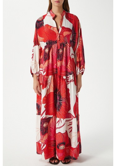Modest Kadın Catina Kırmızı Çiçekli %100 Viskon Maksi Boy Yazlık Elbise Kırmızımercanekru Çok Renkli