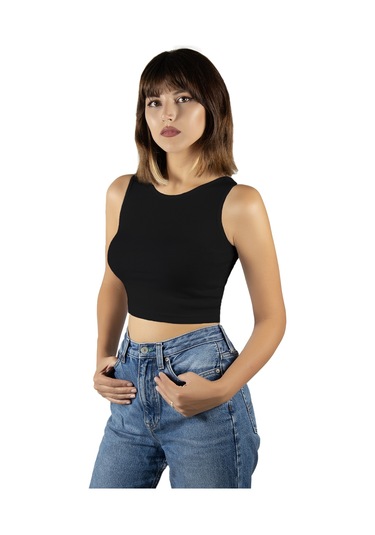 Siyah Fitted/vücuda Oturan Crop Halter Yaka Fitilli Esnek Örme Bluz Atlet Siyah