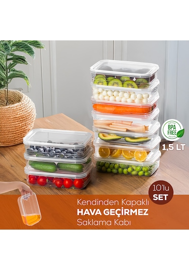Porsima 4363-10 Kendinden Kapaklı Derin Dondurucuya Uygun 1,5 Lt 10 Adet Saklama Kabı Hava Almaz Düzenleyici Şeffaf
