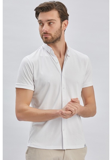 Imza Beyaz Desenli Oxford Polo Yaka Cepli Casual Slim Fit Dar Kesim Tişört 1011240178-Beyaz