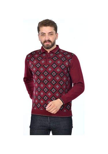 Kamalı Erkek Çelik Örgü Gömlek Yaka Fermuarlı Polo Yakalı Kazayağı Tüylenmeyen Triko Kışlık Baba Kazak Bordo