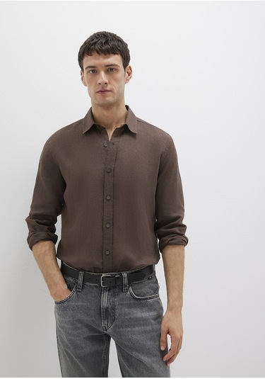 Mavi - Kahverengi Keten Gömlek 0211466-87537 Kahverengi