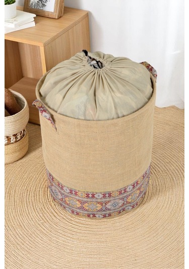 İronika Jüt Garni Detaylı Büzgülü Sepet Oyuncak Çamaşır Havlu Sepeti Yuvarlak Temiz Kirli Çamaşır Sepeti Kahverengi