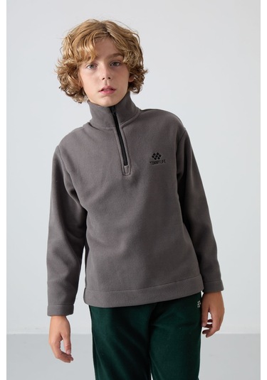 Tommy Life Koyu Gri Kalın Yumuşak Dokulu Standart Fit Nakışlı Polar Erkek Çocuk Sweatshirt - 11221 Koyu Gri