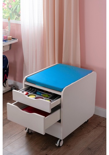 Creo Mobili Çekmeceli Tekerlekli Sirius Keson, Oturulabilir Ofis Ve Ev Komodini, Ekru/mavi